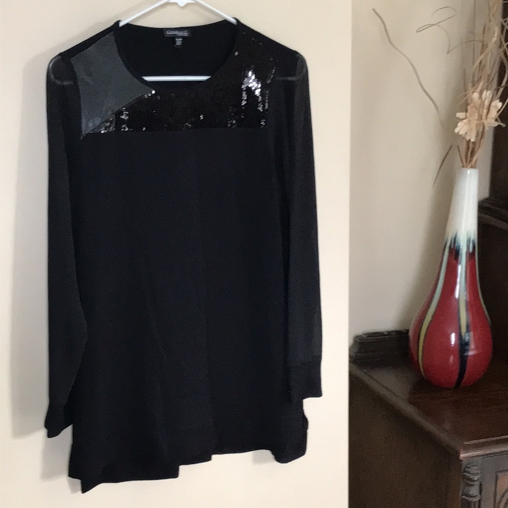 Conrad C. Collection long sleeve black blouse with sequins and sheer sleeves XS